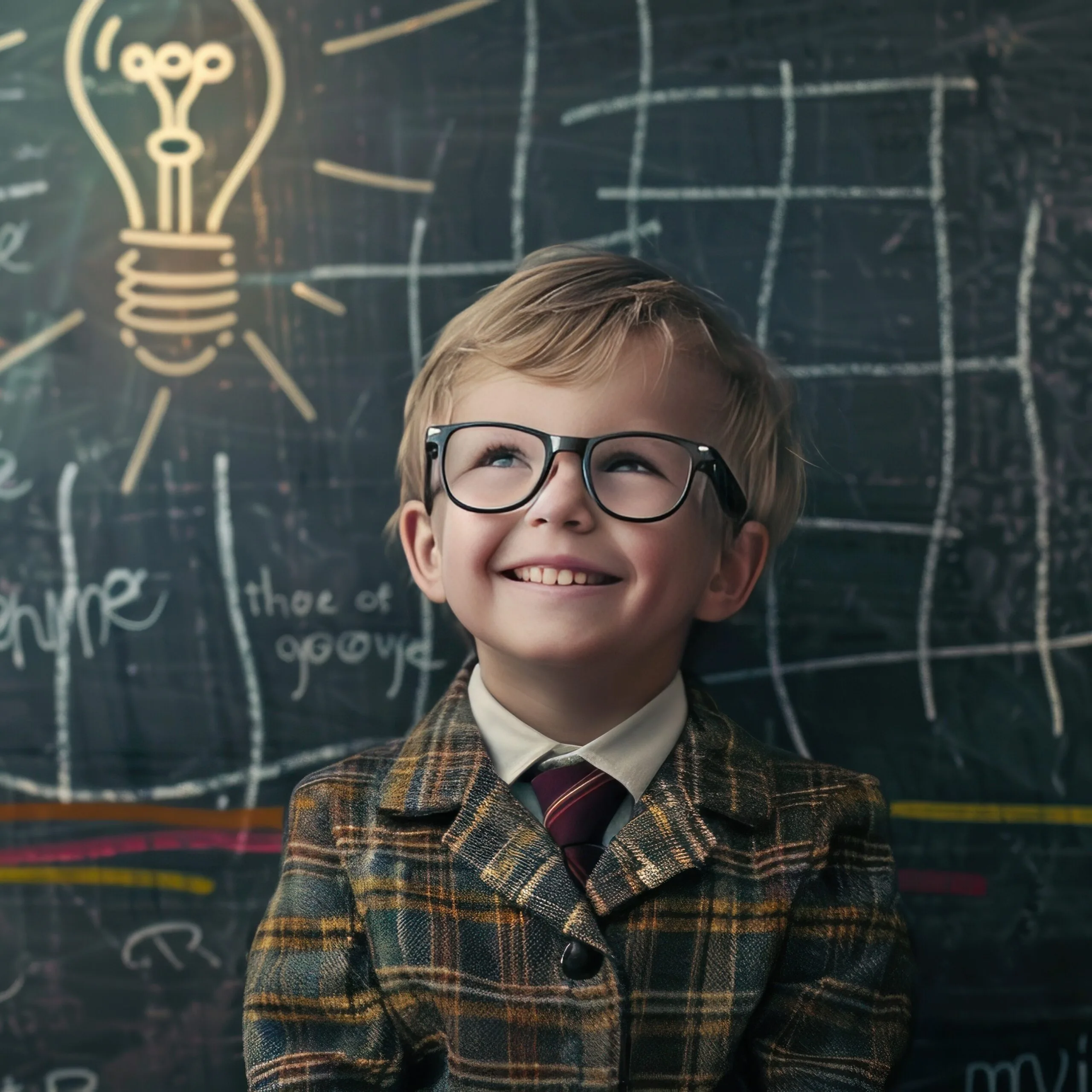Young Boy Looking Up with a Blackboard Behind Him